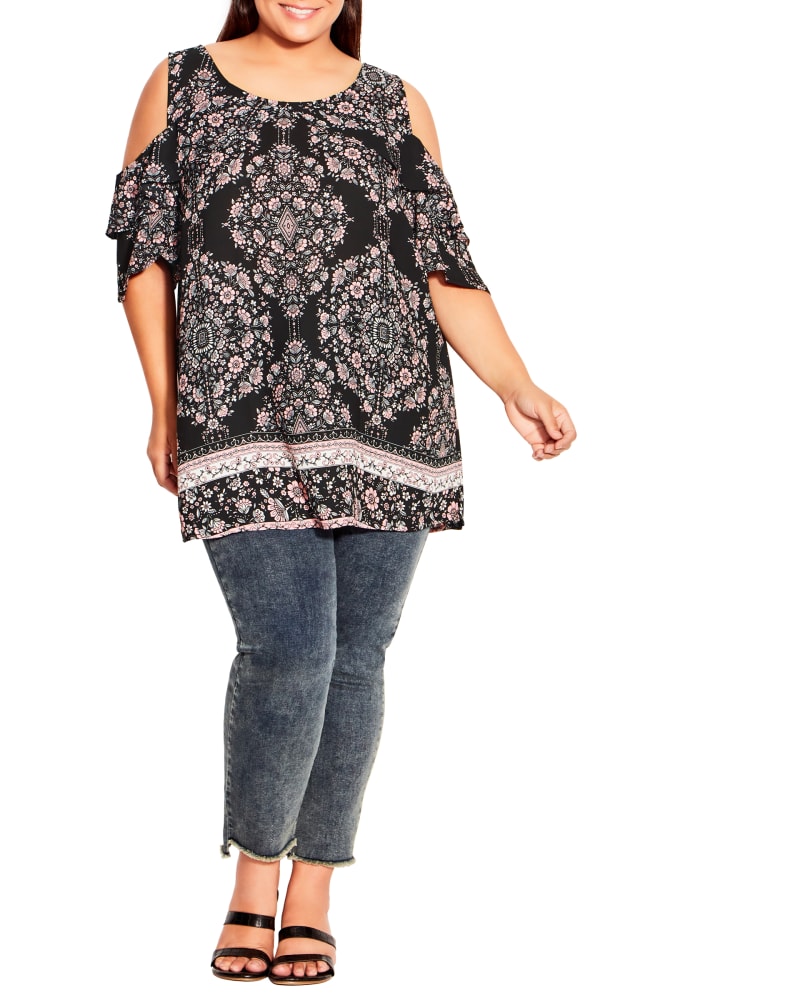 Front of a model wearing a size 14 Katie Frill Cold Shoulder Top in Perfect Day Placed by avenue. | dia_product_style_image_id:293864